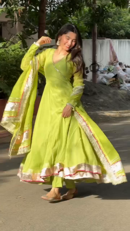 Parrot Green Tabby Organza Silk Anarkali Suit for Women