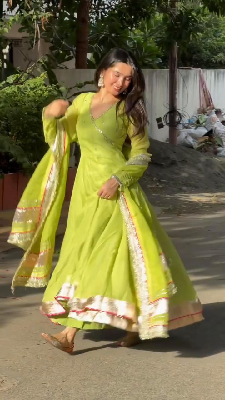 Parrot Green Tabby Organza Silk Anarkali Suit for Women