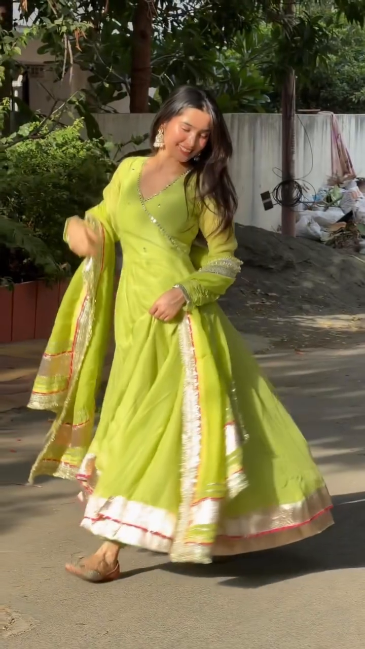 Parrot Green Tabby Organza Silk Anarkali Suit for Women