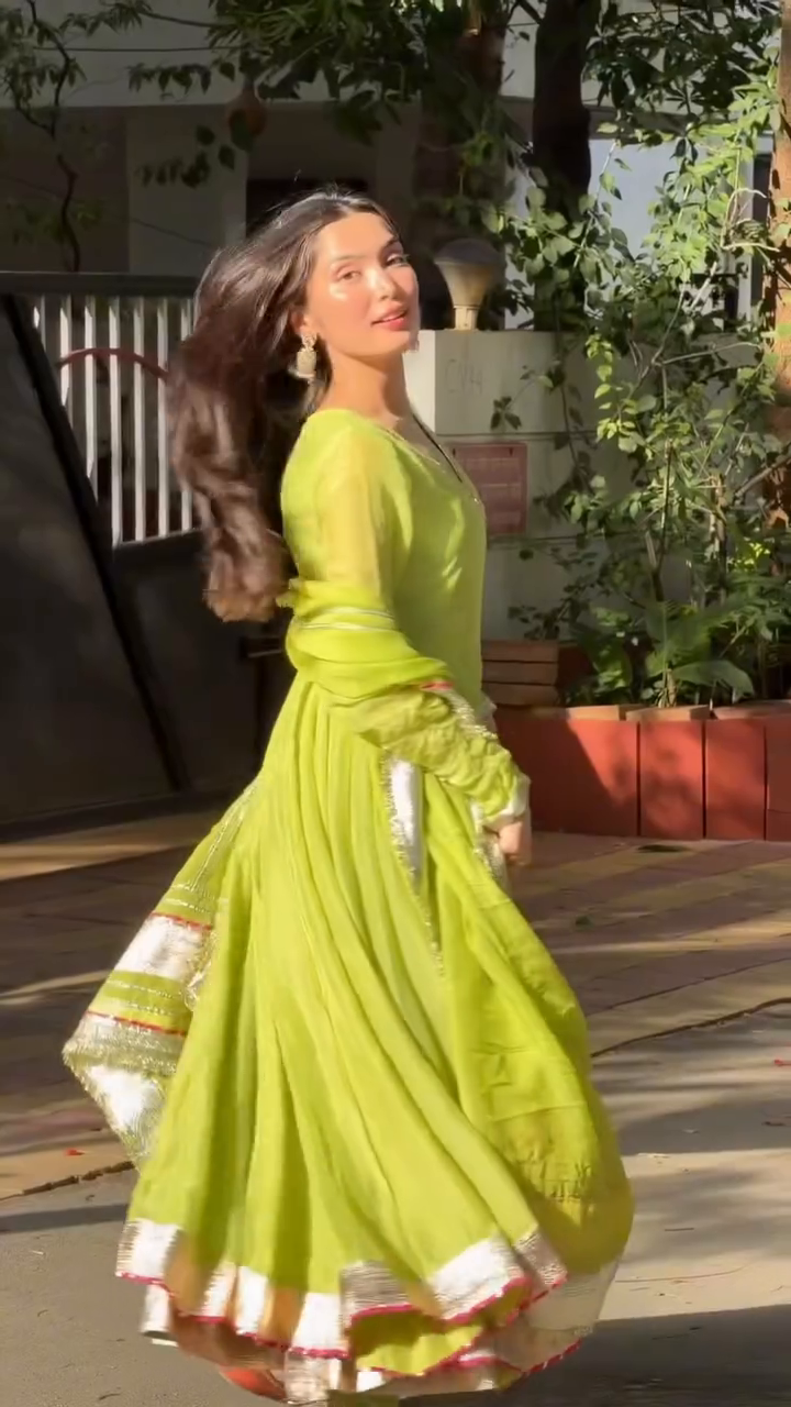 Parrot Green Tabby Organza Silk Anarkali Suit for Women