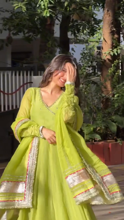 Parrot Green Tabby Organza Silk Anarkali Suit for Women