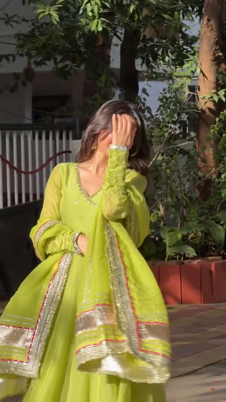 Parrot Green Tabby Organza Silk Anarkali Suit for Women