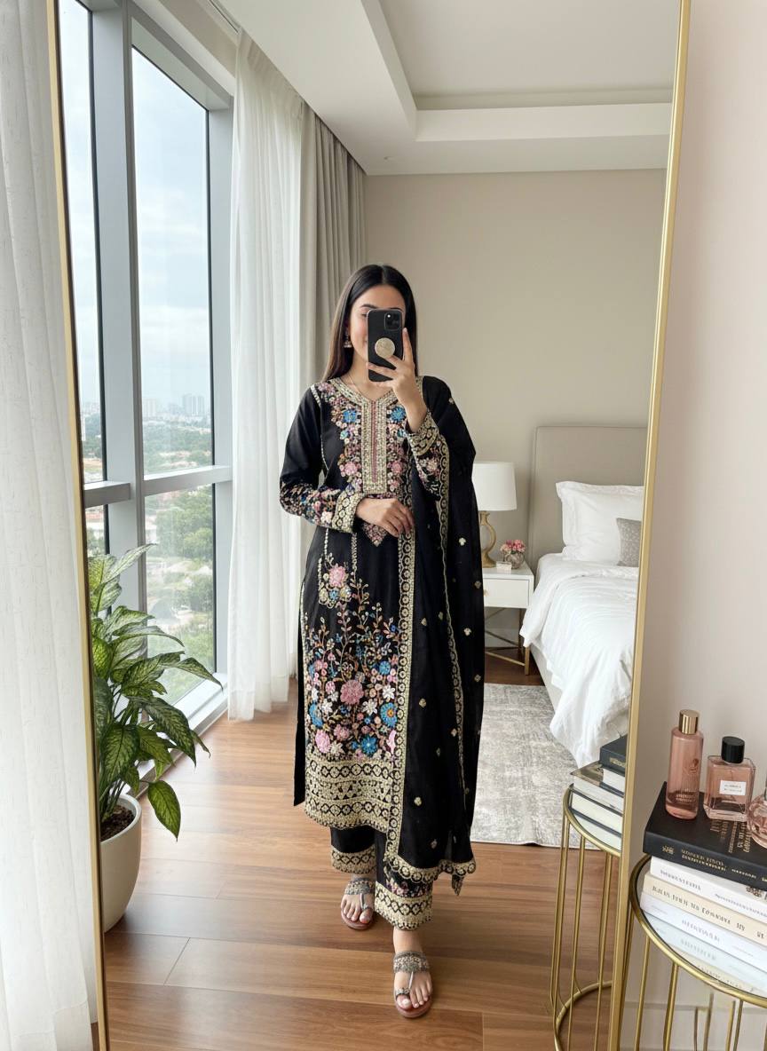 Premium Chinon Heavy Embroidery Plazo Salwar Kameez with Dupatta