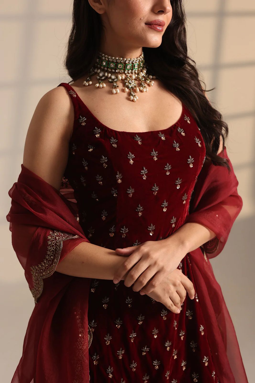 Maroon Roman Glass Sequins Work Kurta Pant Set with Organza Dupatta