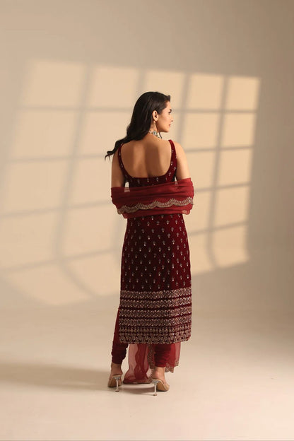 Maroon Roman Glass Sequins Work Kurta Pant Set with Organza Dupatta