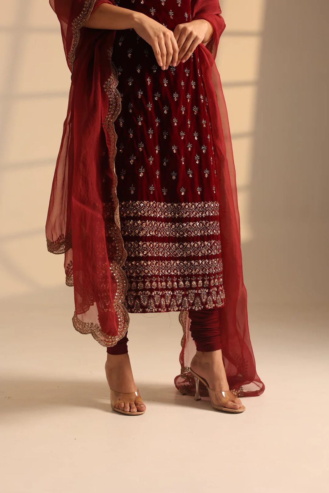 Maroon Roman Glass Sequins Work Kurta Pant Set with Organza Dupatta