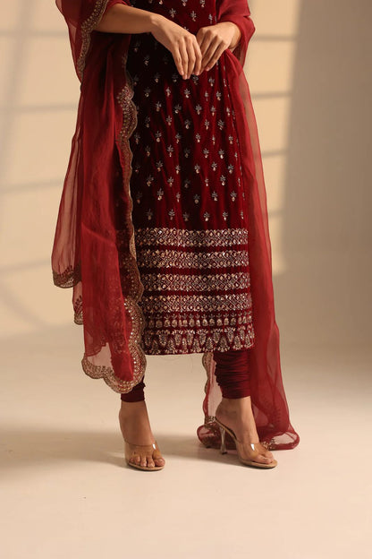 Maroon Roman Glass Sequins Work Kurta Pant Set with Organza Dupatta