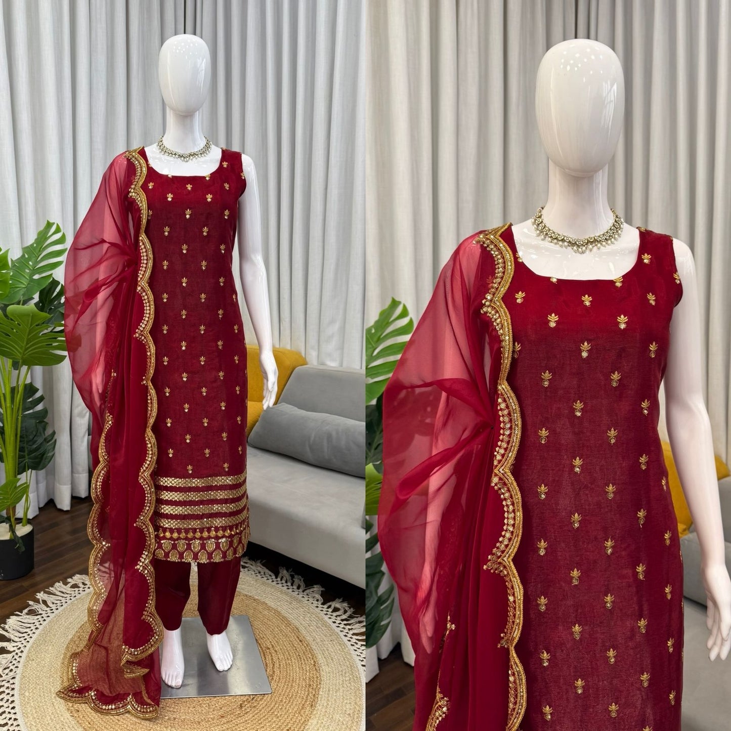 Maroon Roman Glass Sequins Work Kurta Pant Set with Organza Dupatta