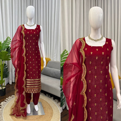 Maroon Roman Glass Sequins Work Kurta Pant Set with Organza Dupatta