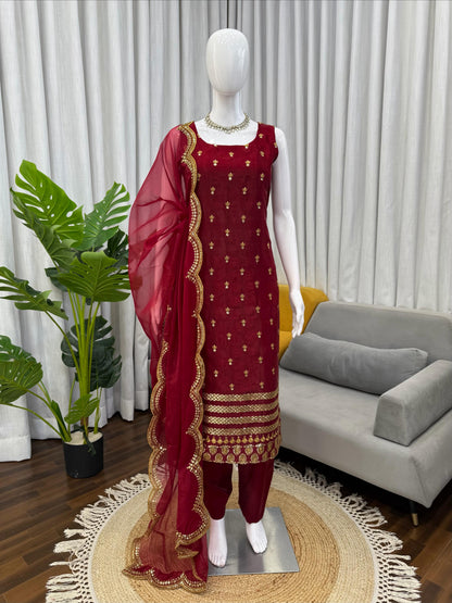 Maroon Roman Glass Sequins Work Kurta Pant Set with Organza Dupatta