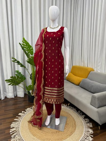 Maroon Roman Glass Sequins Work Kurta Pant Set with Organza Dupatta