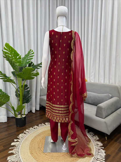 Maroon Roman Glass Sequins Work Kurta Pant Set with Organza Dupatta