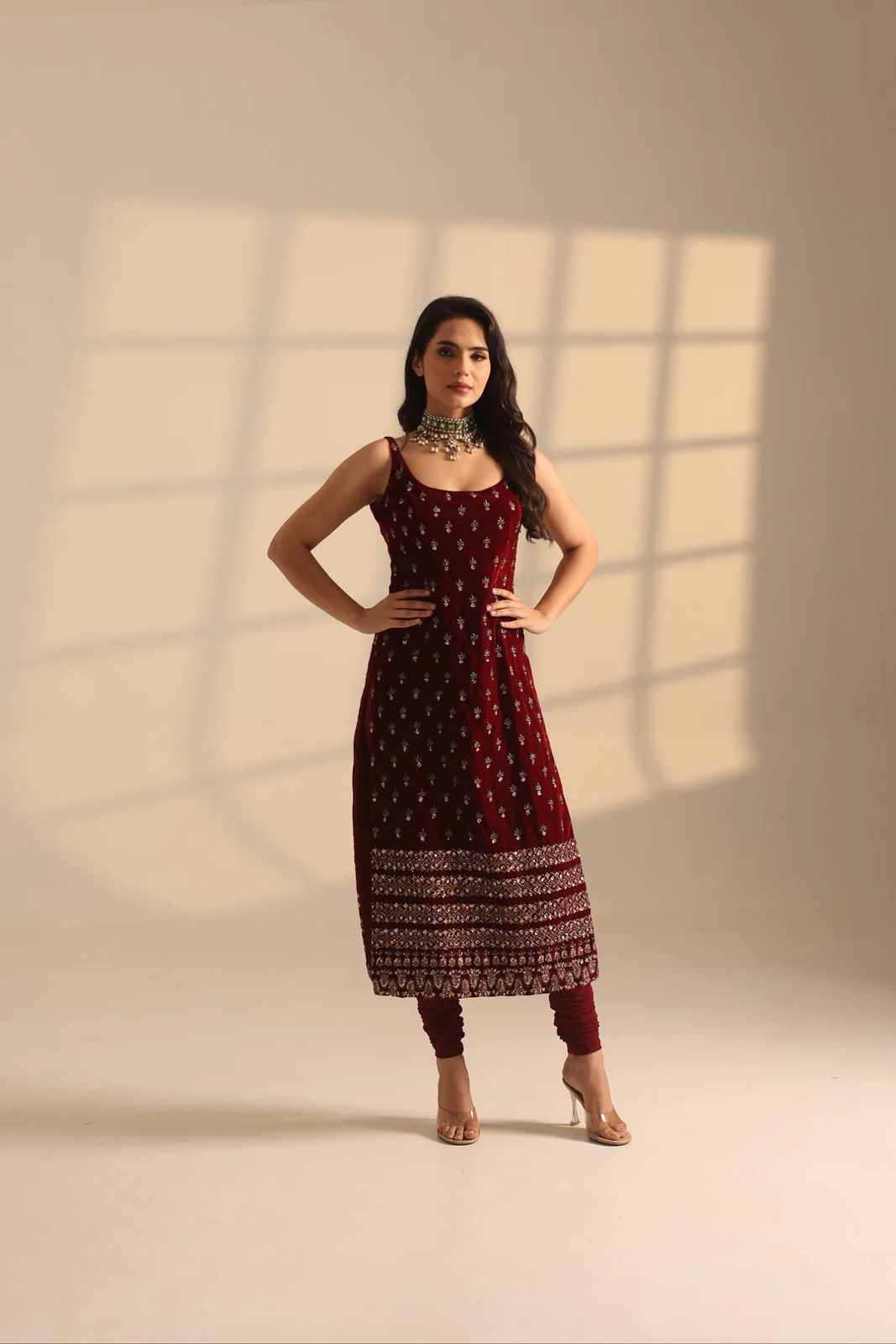 Maroon Roman Glass Sequins Work Kurta Pant Set with Organza Dupatta