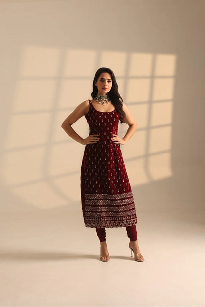 Maroon Roman Glass Sequins Work Kurta Pant Set with Organza Dupatta