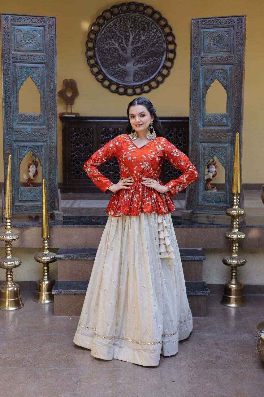 Sequins Embroidered Peplum Top with Flared Lehenga Set