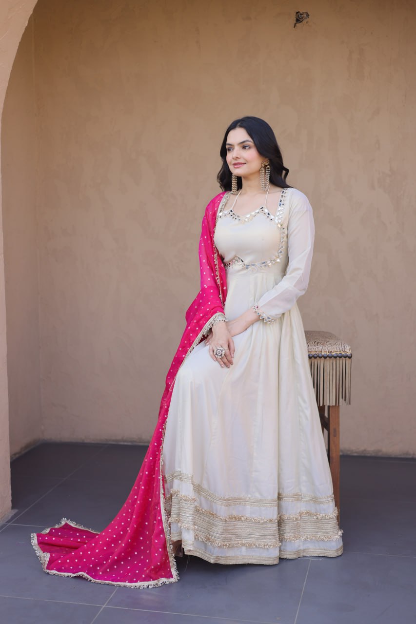 White Mirror Work Gown with Contrast Moss Butti Dupatta