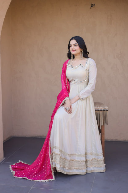 White Mirror Work Gown with Contrast Moss Butti Dupatta