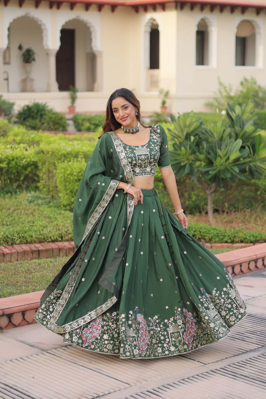 Dark Green Vichitra Silk Embroidered Lehenga Choli