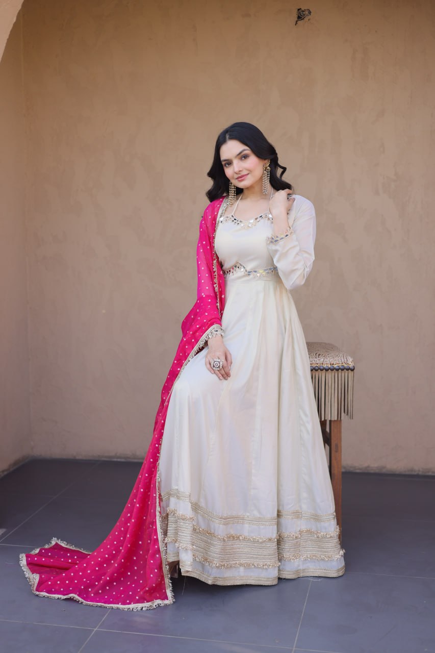 White Mirror Work Gown with Contrast Moss Butti Dupatta