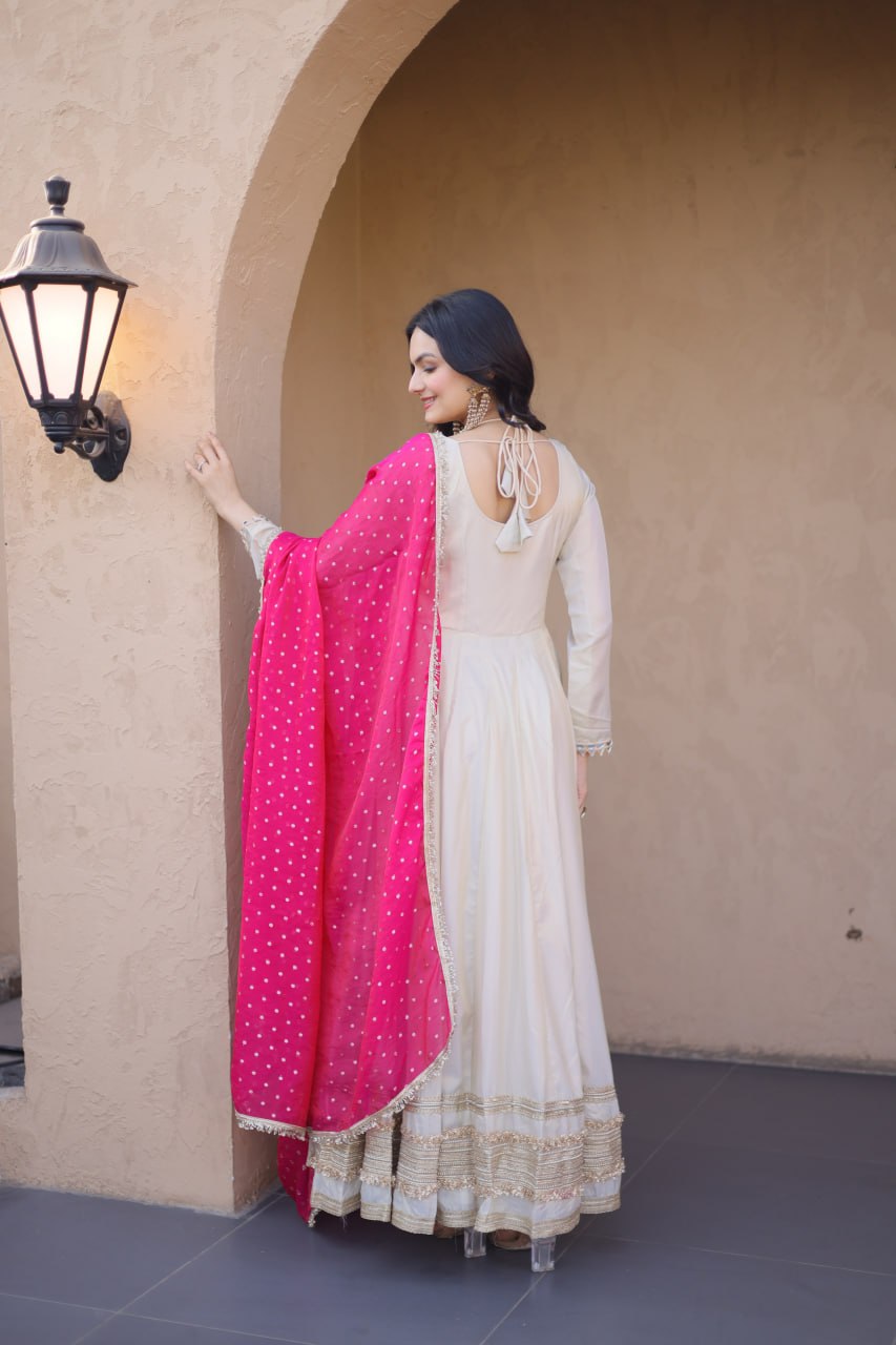 White Mirror Work Gown with Contrast Moss Butti Dupatta