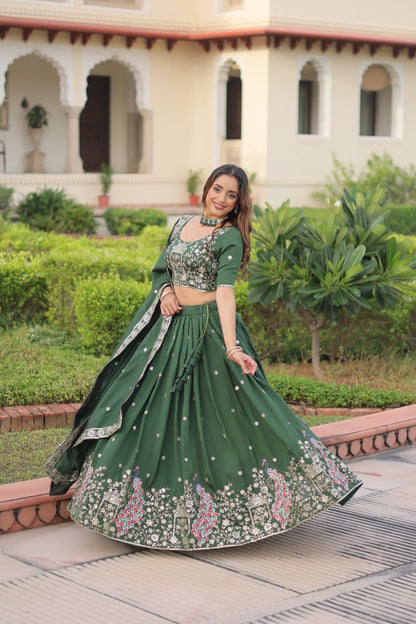 Dark Green Vichitra Silk Embroidered Lehenga Choli