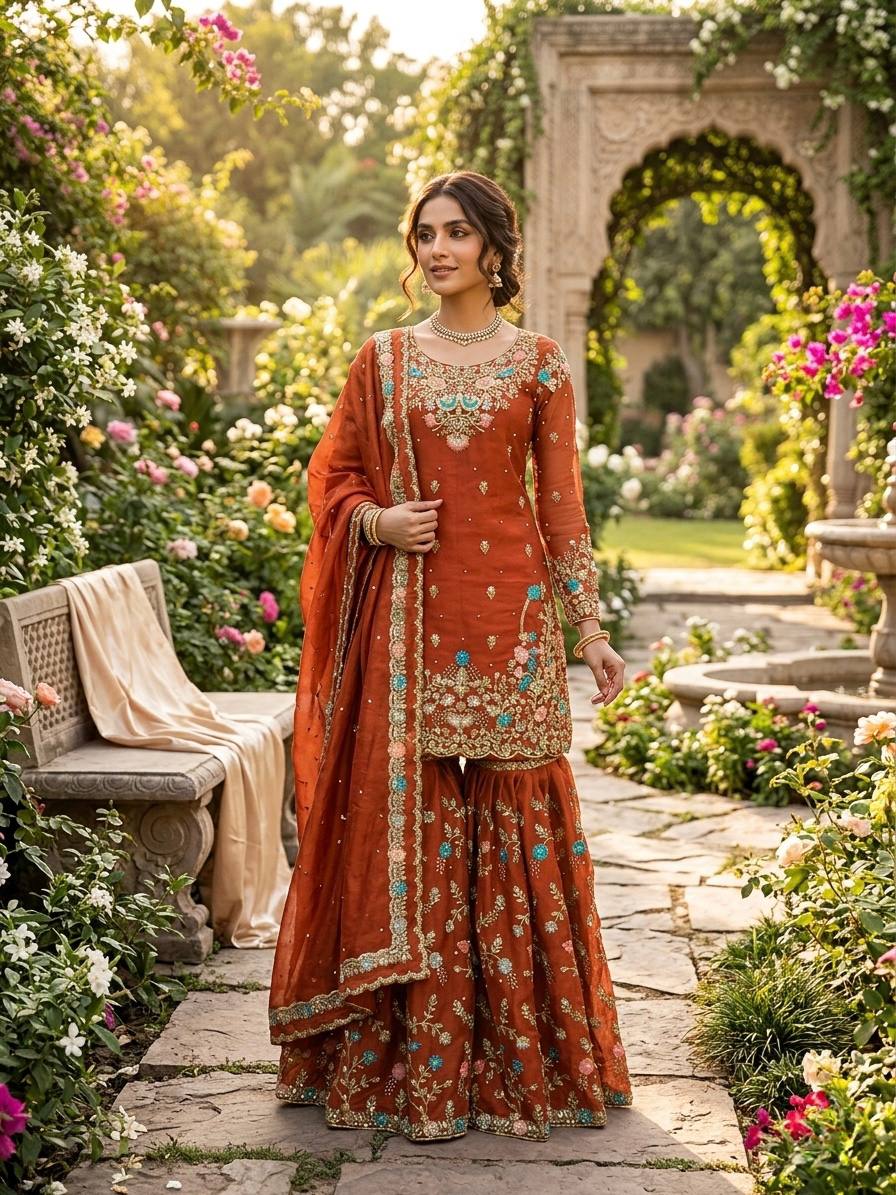 JMC Silk Embroidered Sharara Suit Set