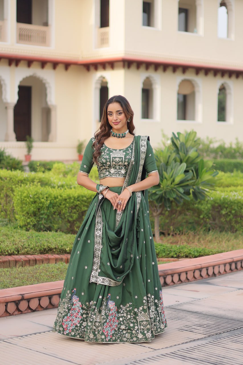 Dark Green Vichitra Silk Embroidered Lehenga Choli