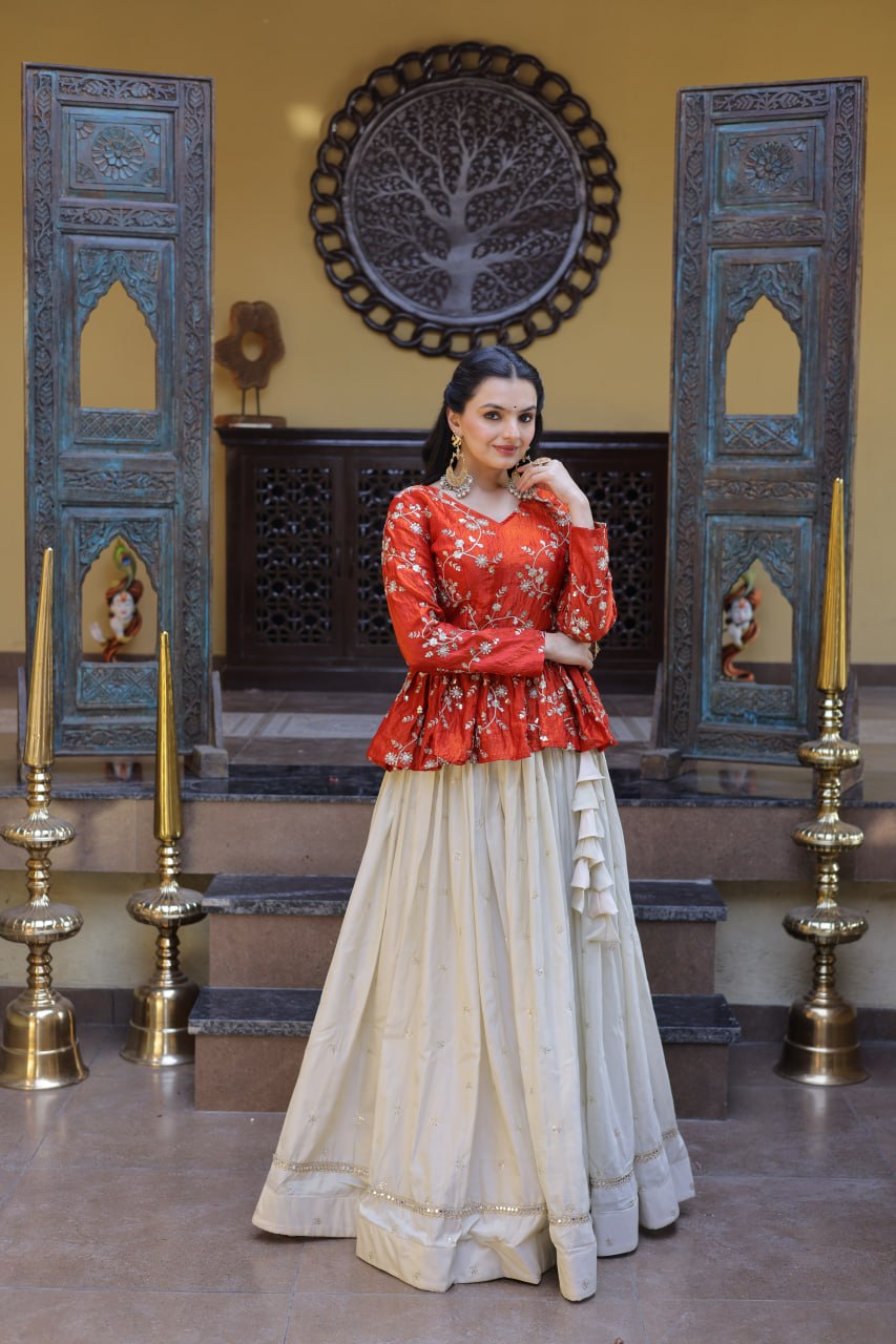 Sequins Embroidered Peplum Top with Flared Lehenga Set
