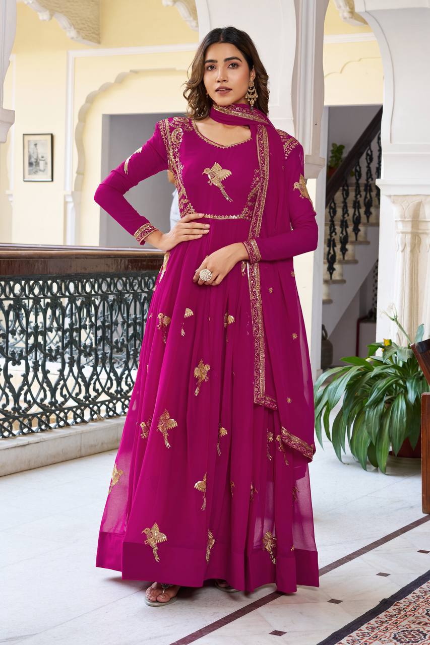 Faux Georgette Embroidered Gown with Sequin Work & Dupatta