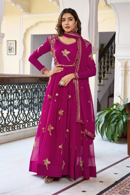 Faux Georgette Embroidered Gown with Sequin Work & Dupatta