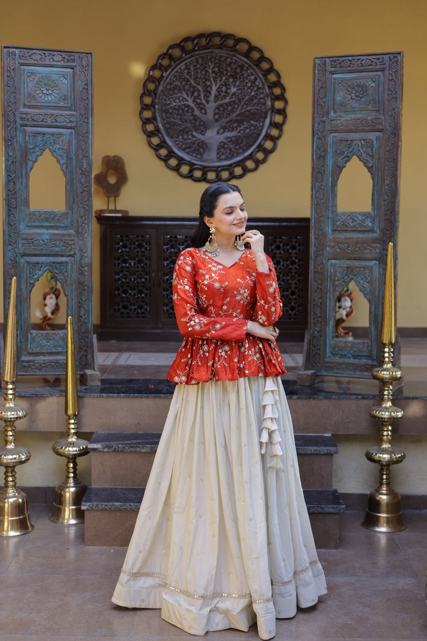 Sequins Embroidered Peplum Top with Flared Lehenga Set