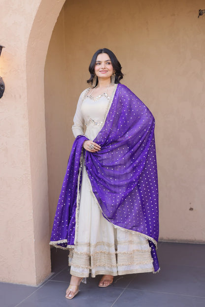 White Mirror Work Gown with Contrast Moss Butti Dupatta