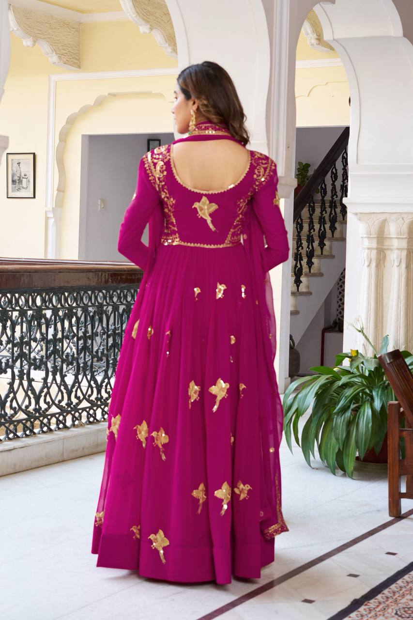 Faux Georgette Embroidered Gown with Sequin Work & Dupatta