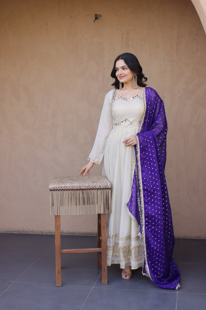 White Mirror Work Gown with Contrast Moss Butti Dupatta