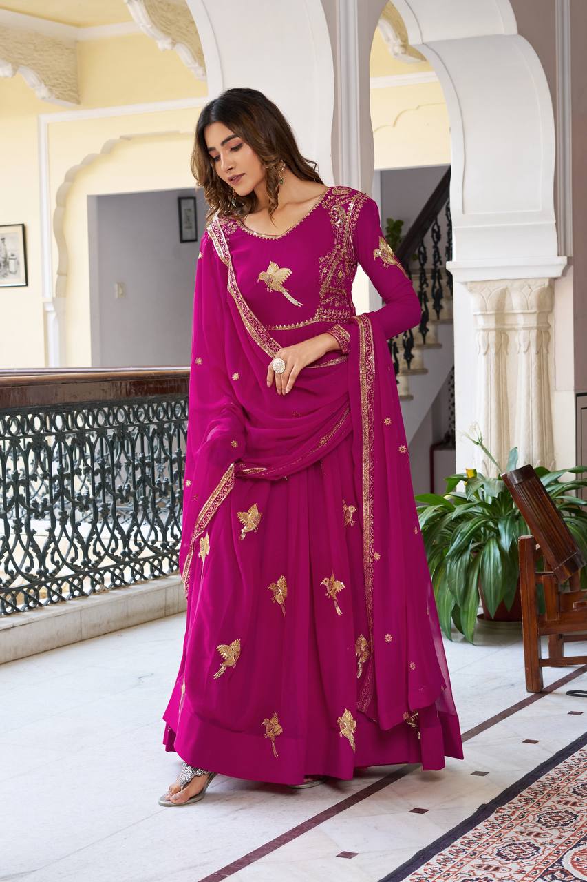 Faux Georgette Embroidered Gown with Sequin Work & Dupatta