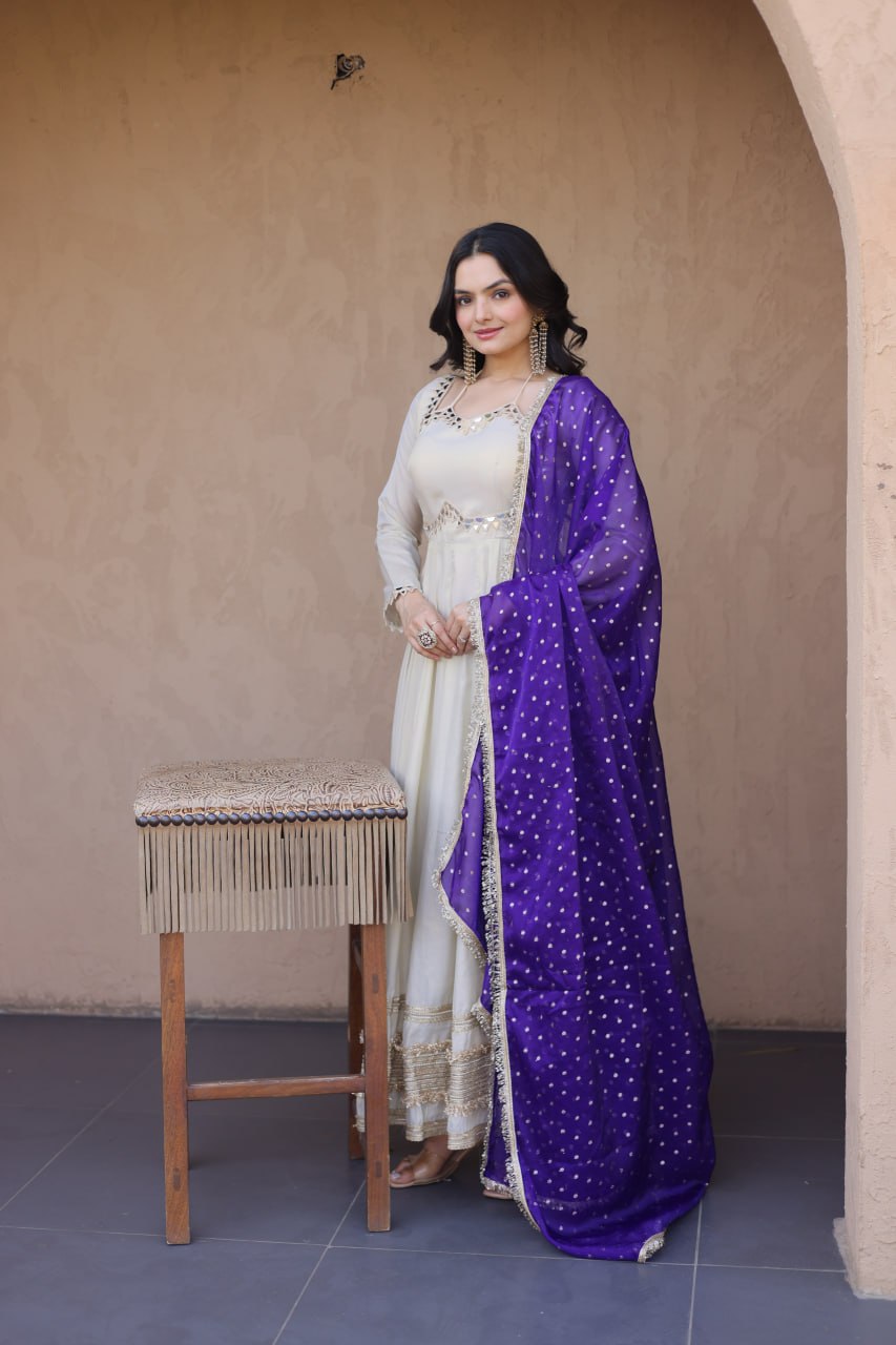 White Mirror Work Gown with Contrast Moss Butti Dupatta