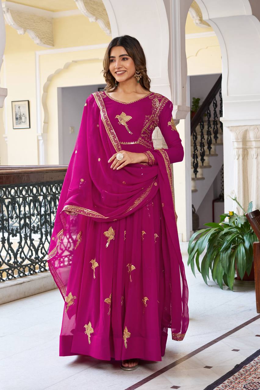 Faux Georgette Embroidered Gown with Sequin Work & Dupatta