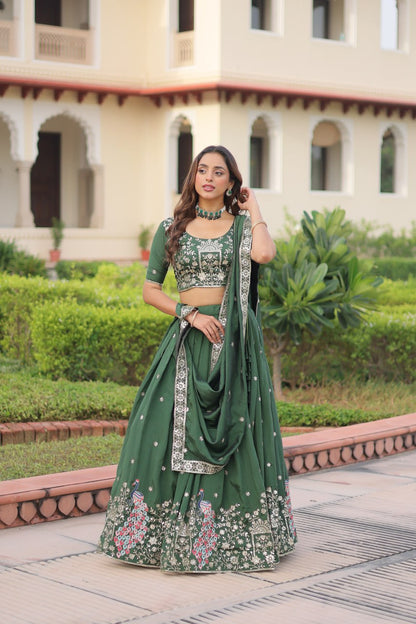 Dark Green Vichitra Silk Embroidered Lehenga Choli