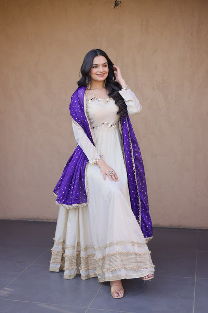 White Mirror Work Gown with Contrast Moss Butti Dupatta