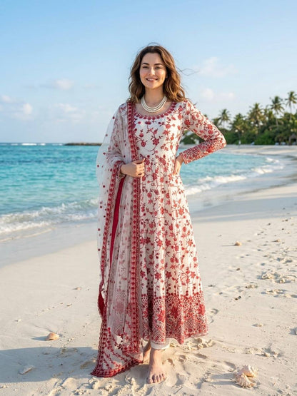 Premium Faux Georgette Embroidered Anarkali Gown with Pent Set