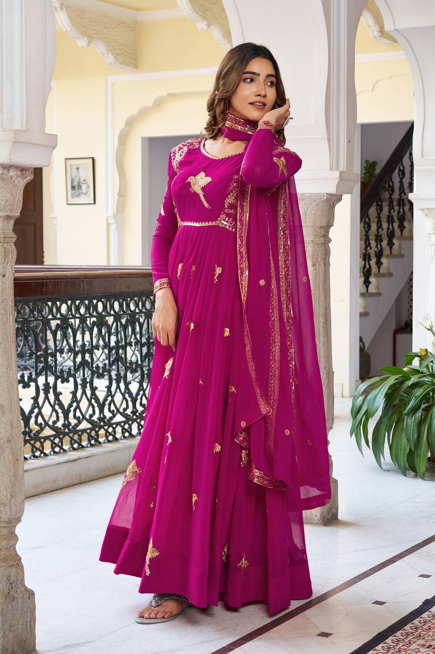 Faux Georgette Embroidered Gown with Sequin Work & Dupatta