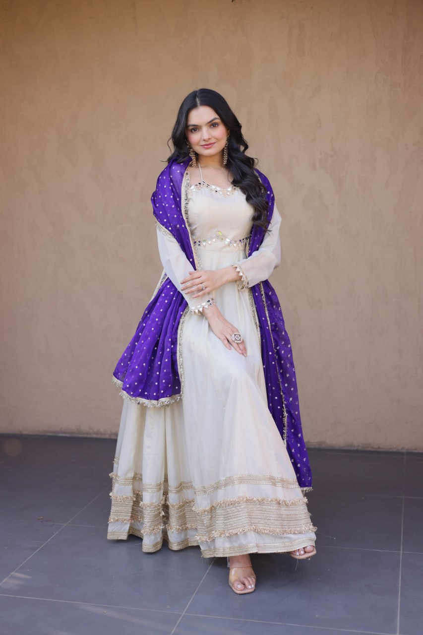 White Mirror Work Gown with Contrast Moss Butti Dupatta