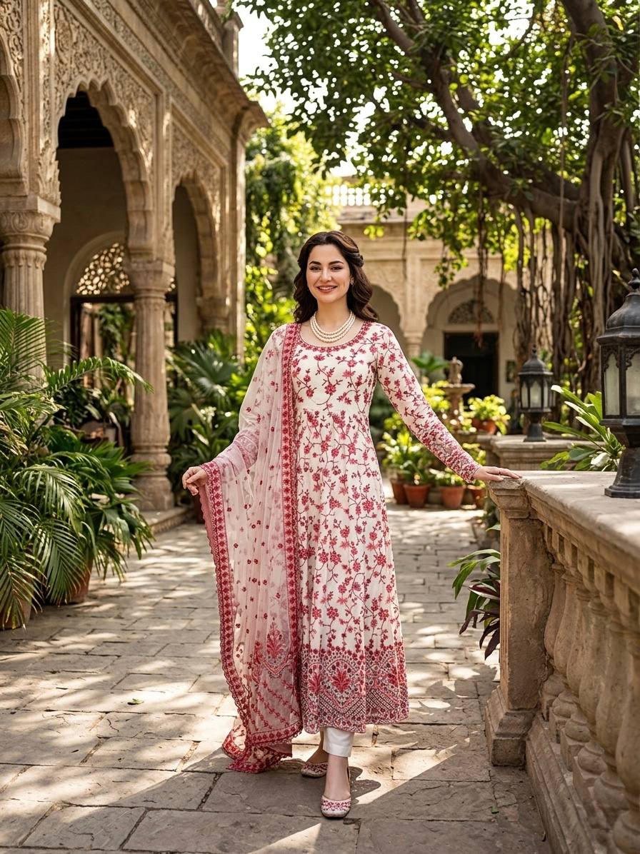 Premium Faux Georgette Embroidered Anarkali Gown with Pent Set
