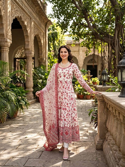 Premium Faux Georgette Embroidered Anarkali Gown with Pent Set