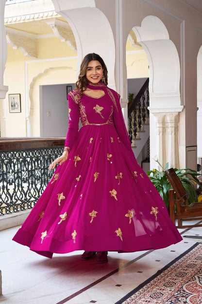 Faux Georgette Embroidered Gown with Sequin Work & Dupatta
