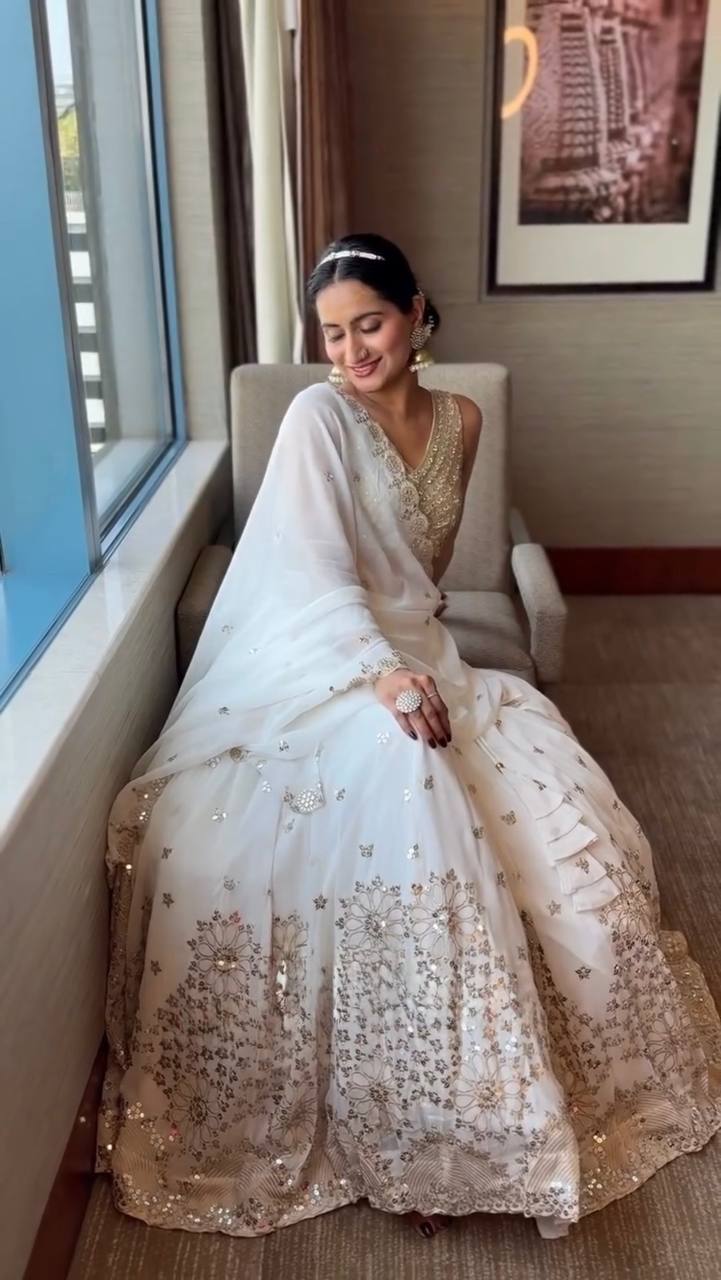 White Georgette Sequence Work Lehenga Choli - Wedding Special