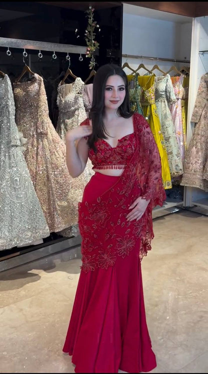 Elegant Red Ready to Wear Lehenga Saree with Embroidered Choli