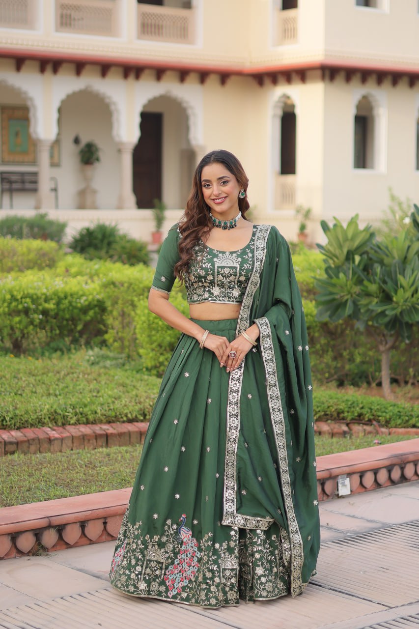 Dark Green Vichitra Silk Embroidered Lehenga Choli