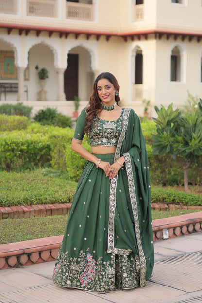 Dark Green Vichitra Silk Embroidered Lehenga Choli