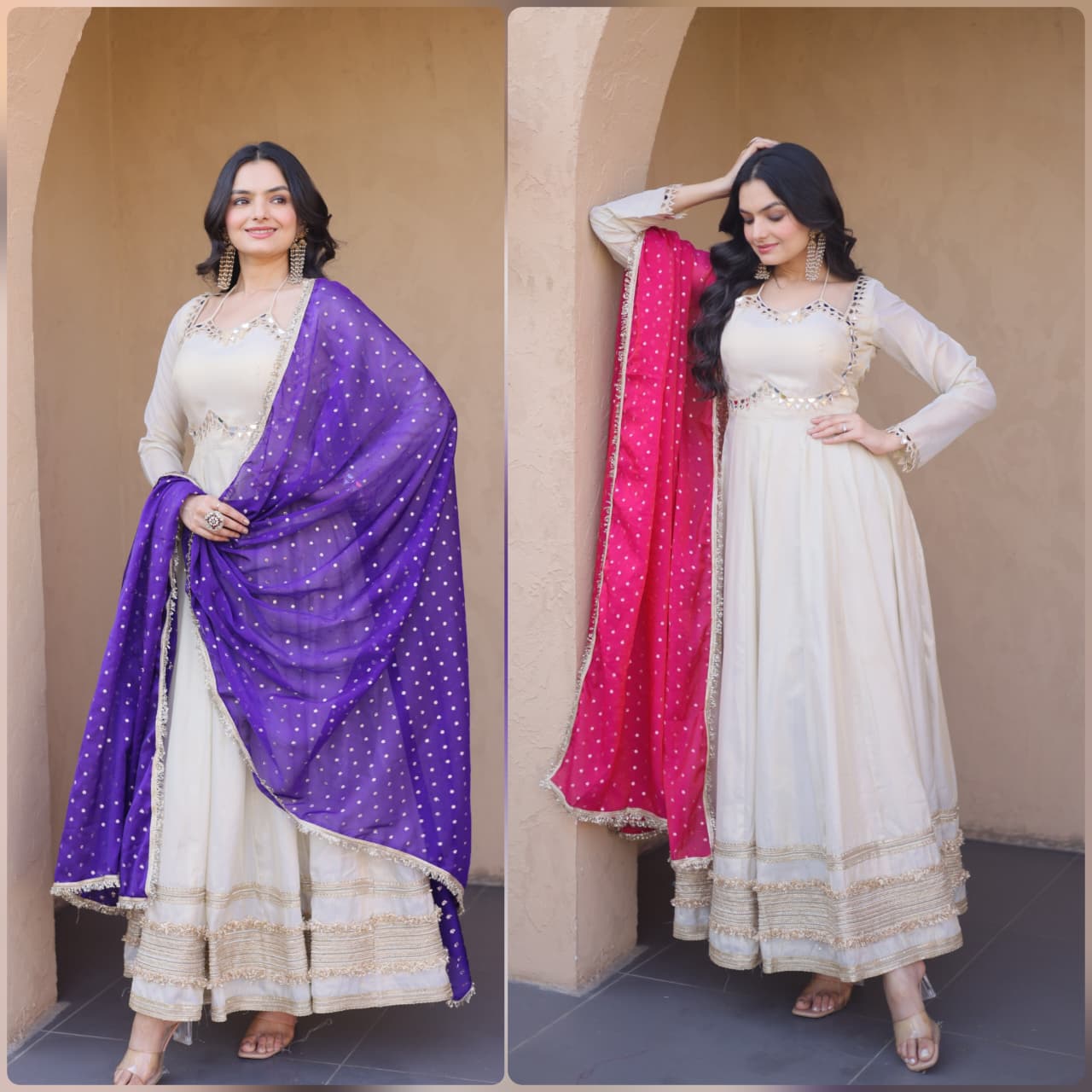 White Mirror Work Gown with Contrast Moss Butti Dupatta